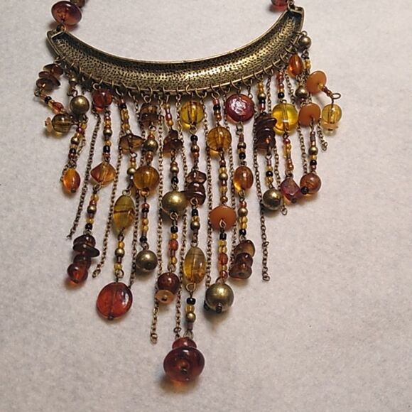 Elegant Gold and Brown Chain/Beaded Statement Necklace Boho Granny Chic - Picture 6 of 7
